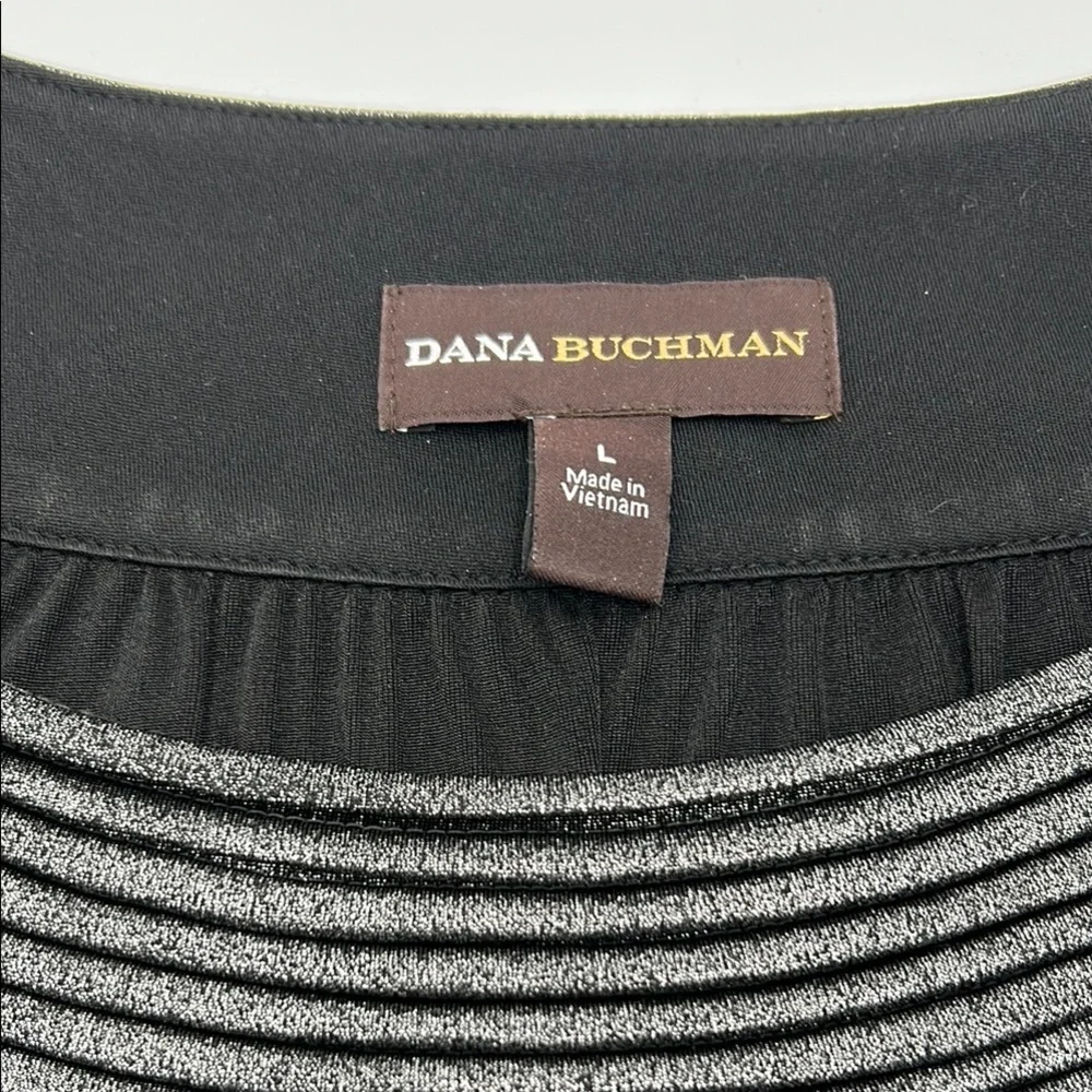 Dana Buchman Flutter Sleeve Blouse Large Gray Shimmer Pleated Nech Relaxed Fit